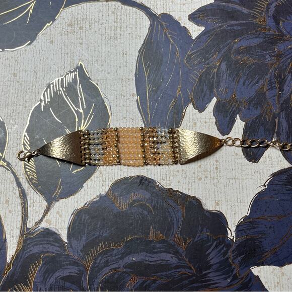 Estate Gold Metal and Gold White & Cream Sparkling Wide Beaded Bracelet D3 - Picture 10 of 12